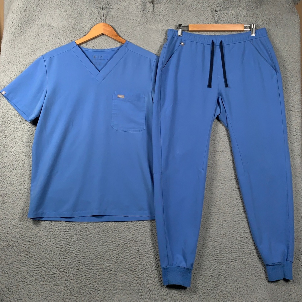 FIGS Scrub Set Leon Top & Tansen Jogger Pants Mens Medium M Blue V-Neck Uniform